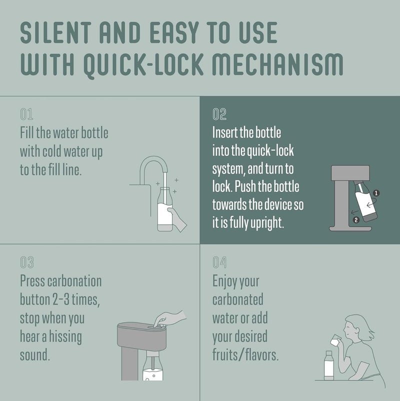 Mysoda Woody Sparkling Water Maker - Soda Streaming Machine Silent Carbonated Water Machine Robust Long-Lasting Aluminium Soda Maker 1L Water Bottle Without CO2 Cylinder - Sage Green Soda Machine - Image 5